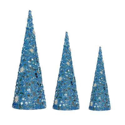 China Best Selling Bling Rich Ornaments Set Of Three Europe Blue Christmas Tree Festival Home Decoration Thick Paper Cones 12