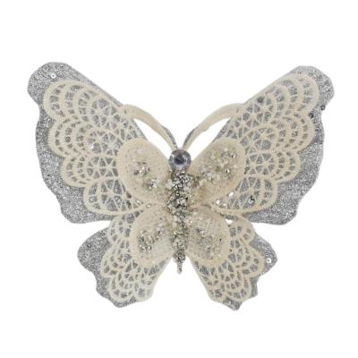 China 2022 Hot Sale Europe Festival Wedding Christmas Home Decoration New 8.5 Inch Lace Strip Fabric Gold Jewel Butterfly Plastic Decorative Powder White Butterfly for sale