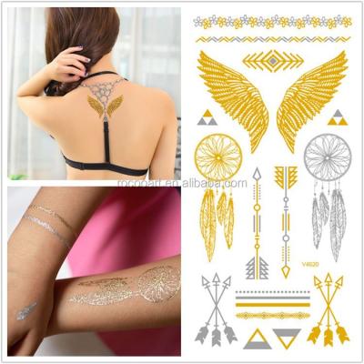 China 2015 fashion waterproof metallic gold temporary temporary tattoos double wings+dreamcather+arrow set for sale