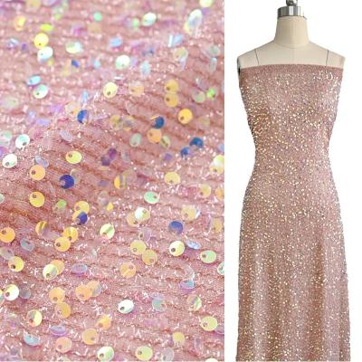 China Shiny Sequin Viable Pink Embroidery Lace Tulle Lace Sparkle Lace Fabric For Wedding Party Dress for sale