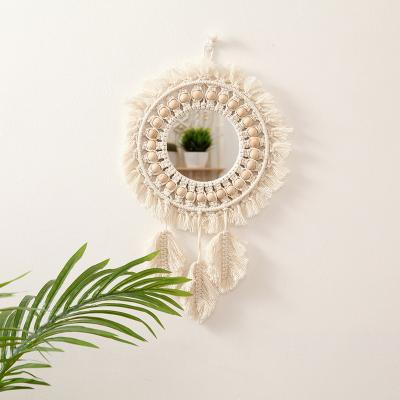 China Wooden Woven Leaf Bead Mirror Living Room Home Decor Wall Hanging Nordic Handmade Bohemian Bohemian Style Tapestry Makeup Mirror for sale