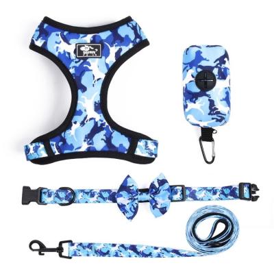 China Reflective Camouflage Dog Harness With Leash With Poop Bag Dispenser With Bow Tie Collar Kit for sale