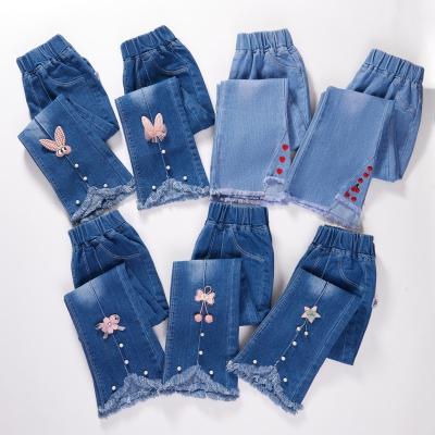 China New Style Breathable Comfortable Elastic Baby Kids Casual Wide-Leg Girls Jeans 100-160cm Flared Long Pants Trousers With Pearl Beads for sale