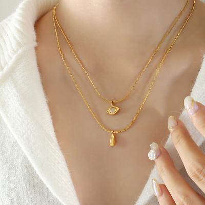 China TRENDY Women Layered Gold Plated Double Chain Necklace Opal Pendant Necklace Water Drop Pendant for sale