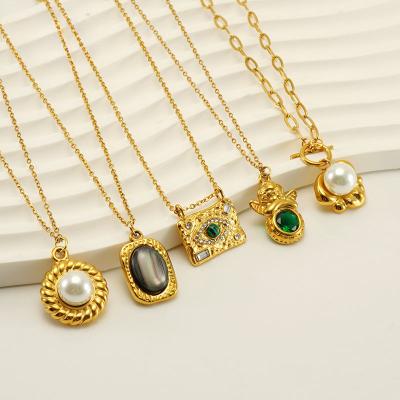 China TRENDY Vintage Jewelry Gold Plated Stainless Steel Chain Necklace High Sense Natural Stone Charm Necklaces with Blue Turquoise Pendant for sale