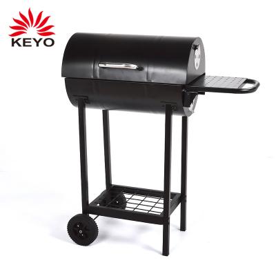 China Heavy Duty Compact Outdoor Barbecue Easily Assembled Smokeless Garden Used Barrel Shaped Charcoal BBQ Grill With Side Table for sale