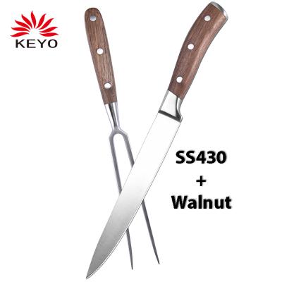 China KEYO Black Walnut SS430 German Premium Easily Cleaned Wooden Handle 2 Piece Chef Professional Meat Carving Knife Fork BBQ Tool Kits for sale