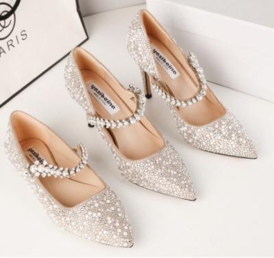 China Recyclable the latest designer diamond led heels 2021 new high heel shoes for women elegant diamond crystal pearl wedding shoes for sale