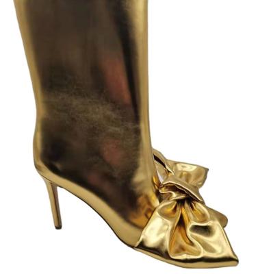 China Custom Famous Sexy Gold Recyclable Women's Bow Ankle Boots Designer Leather Women's Boots Famous Sexy Heels Party Heels for sale