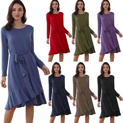 China 2021 Wholesale Anti-Static Women's Plus Size Cotton And Canvas Plus Size Women Dress With Long Sleeve Solid Color Midi Length Casual Dress for sale