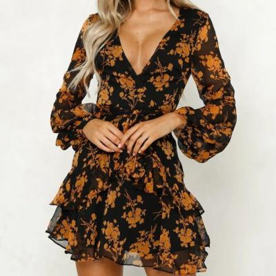 China Euramerican anti-static anti-static hot autumn new fashion sales flower printing long sleeve women dress for sale