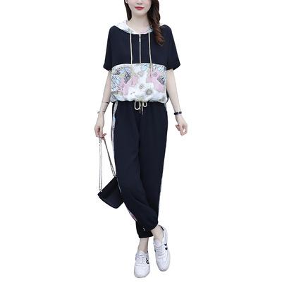 China 2021 Wholesale Sports QUICK DRY Casual Suits For Women Summer Plus Size Floral Hooded Top And Pant Sets Two Piece Suit for sale