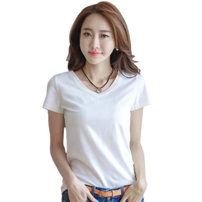 China Wholesale Women's Breathable Tops Summer Casual Hot Selling V-Neck Sleeve Shorts Slim Solid Color T-shirt Clothing T-shirt Tees for sale