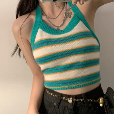 China Wholesale Soft Breathable French Stripe Women's Hanging Neck Knit Large Wrap Strap Upper Back Vest for sale