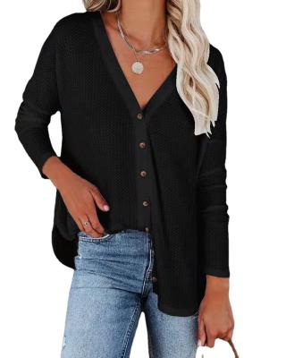 China Anti-Wrinkle Winter New Fashion Long Breasted Waffle Solid Color Waffle Collar V Sleeve Cardigan Shirt Women Single Breasted New Fashion Long Breasted for sale