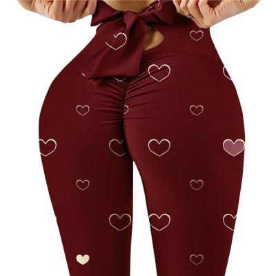 China New Women Girls Heart Print Breathable Bowknot Elastic Waist Lift Hips Yoya Top Pants Outdoor Fitness Sports Running Pant Cuffs for sale