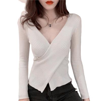 China Wholesale New Anti-shrink V-Neck Long Sleeve Cross Sleeve Autumn Winter Sweater Women Sweater Long Thin Knit Sweater for sale