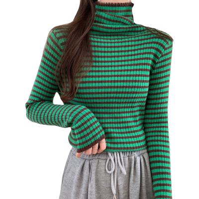 China 2021 Autumn/Winter New Lady Women High Neck Street Women's Stylish Knitwear Anti-Wrinkle Rainbow Sleeve Cool Stripe Sweater for sale