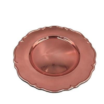 China Sustainable Customized Plastic Pink Gold Charger Plates Wedding Decoration Charger Dish for sale