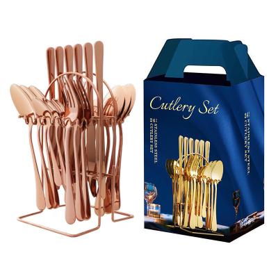 China Hot Selling Viable Amazon Stainless Steel Knife Fork Spoon Set 24pcs Luxury Gold Flatware Spoon Cutlery Set With Stand for sale