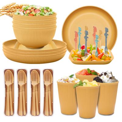 China Sustainable Wheat Straw Dinnerware Set Household Rice Bowl Plates Dinnerware Sets Knife Fork Spoon Chopsticks Portable Dinnerware Set for sale