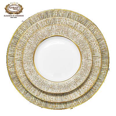 China Sustainable 3 PCS Bone China Luxury Dishes Set Embossed Gold Dinner Plate Set For Home And Wedding&Party for sale