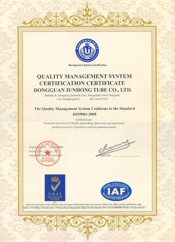 ISO9001 - Dongguan City Junhong Tube Co., Ltd.