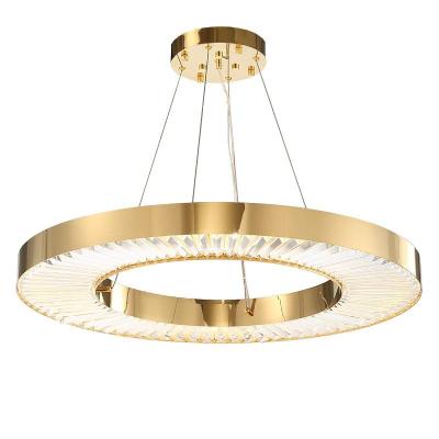 China Wholesale Modern Simple Gold Ring Pendant Lamp For Home Gold Brass Circle Decoration LED Crystal Lamp for sale