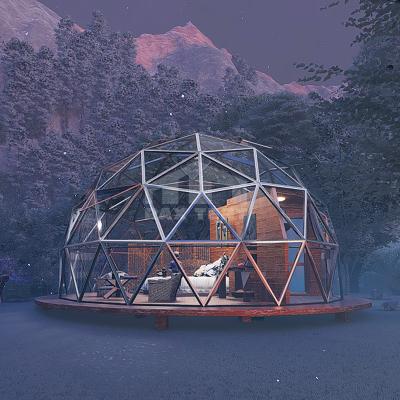 China Glass igloo house 6M waterproof glass dome with wood color aluminum frame and low-e glass for glamping, resort for sale