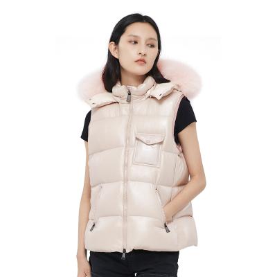 China Slim Fashion Black Breath Waterproof/Shiny Pink Down Waist Coat For Spring Quilted Vest With Fur Hood for sale