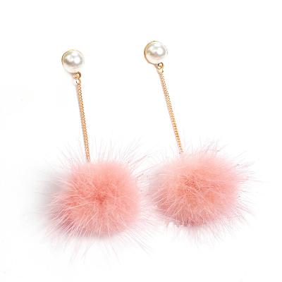 China Simple Wild Mink Style Pearl Fur Ball Earrings Fashionable Korean Long Fur Earrings for sale