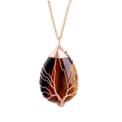 China TRENDY Tree of Life Wire Wrapped Teardrop Copper Natural Gemstone Pendant Necklace for sale