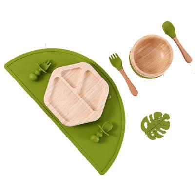 China BPA Free Bamboo Suction Plate Sets With Spoon And Bib For Baby Kids Wooden Eating Feeding Bowl Set For Toddler for sale