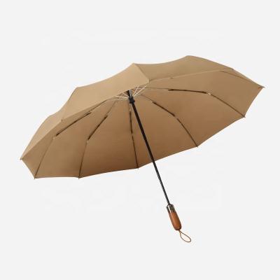 China NEW Logo 3 Folding Handle Umbrella CLASSIC Automatic Open Wooden Pongee Cloth Custom Double Layer Umbrella for sale