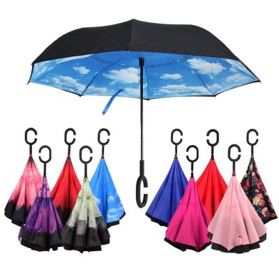 China Wholesale Manual Umbrella Double Layer Pongee Cloth C Shape Handle Open Reverse Inverted Umbrella for sale