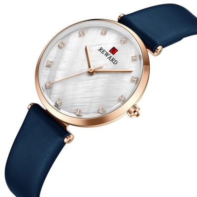 China Reward Waterproof Top Branded Diamond Index Seashell Face Leather Women Watch With Gift Boxes Wholesale for sale