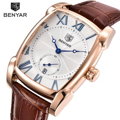 China Hot Dropship Roman Numbers Index Square Quartz Casual Men Watches Benyar Band Leather Dial Day/Date Sub Watch 2021 for sale