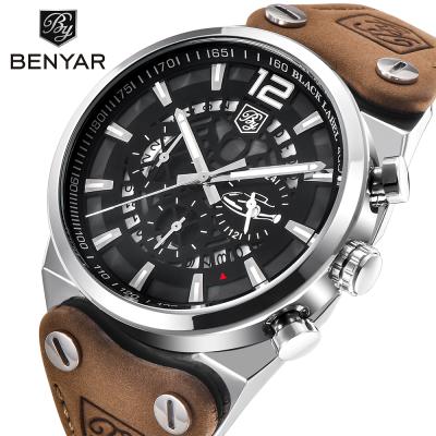 China Luxury High Quality Benyar Stainless Steel Suede Leather Mens Day/Date Full Waterproof Sports Wristwatches For Men for sale