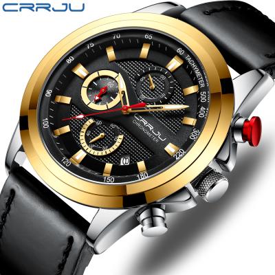 China Fashionable New Design Crrju 2282 Chronograph Genuine Leather Luxery Men's Watch Real 6 Hands Style Crrju Men's Watch Gold for sale