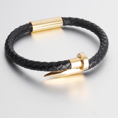 China 2021 fashion nail design casual/sport bracelets braids leather bracelet for men's IP plating custom stainless steel men bracelets for sale