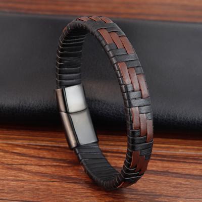 China Wholesale Casual/Sports Leather Bracelet Men's Bracelet Double Color Braided Wrap 316L Stainless Steel Woven Magnetic Bracelet for sale