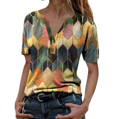 China Breathable New Style Embossed Geometry Printing V Neck Tee Wholesale For Women Camisetas Stylish Mujer Tops Poly Cotton Custom T Shirt for sale