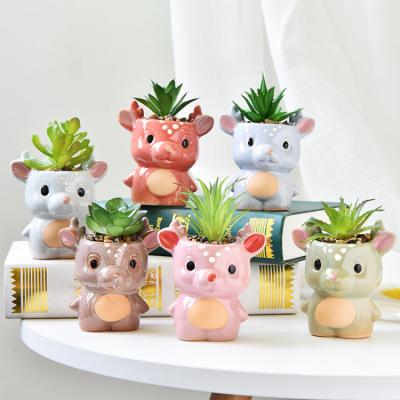 China cute & New Cartoon Design Mini Small Plum Deer Succulent Cute Animal Planters Flower Ceramic Plant Pots for sale