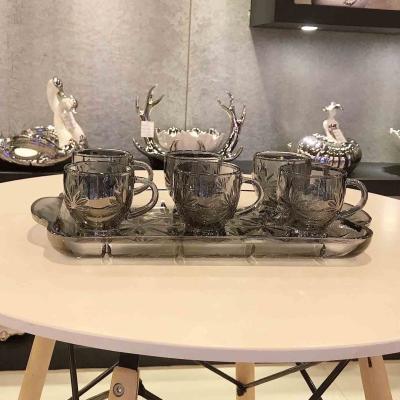 China Retro Sustainable Palace Style INS Coffee Cup And Saucer Set Household Water Cup And Tea Cup Grayed And Glass Tray for sale