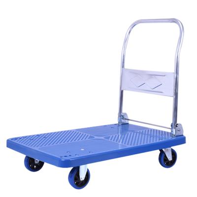 China Heavy Duty Plastic Transoprt 500kg Platform Truck Warehouse Transport Cart Push Cart Foldable Flat Car With Folding Handle for sale