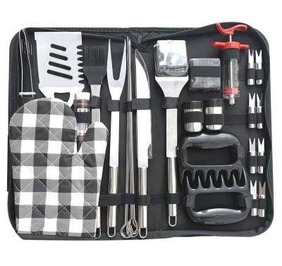 China Easily Cleaned Picnic Stainless Steel Tube Handle 28 Pcs GRILL Tool Kit Accessories Tools With Nylon Carry Bag for sale