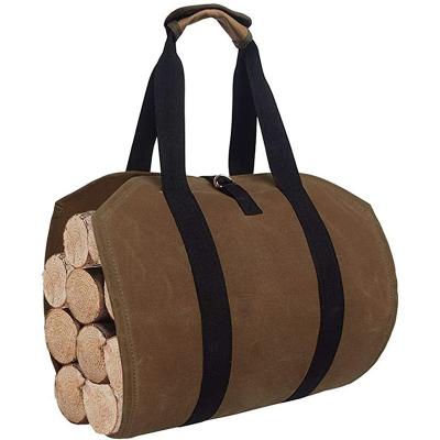 China Water Proof Wholesales Firewood Sack Waxed Wood Carrying Carrier Canvas Sack Firewood Tote Bag for sale