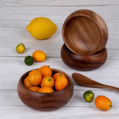 China Sustainable Solid Acacia Wood Kids Roll Salad Bowl Tableware Anti-hot Wooden Rice Bowl for sale