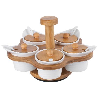 China Wholesale Kitchen Household Stocked Combination Set Ceramic Canisters Glass Jar With Bamboo Wooden Lid for sale