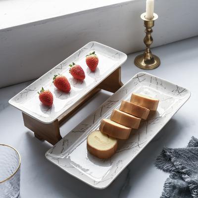 China Popular Modern Design 2 Tier Marble Pattern Ceramic Tray Stocked Wedding Cake Stand With Bamboo Stand for sale